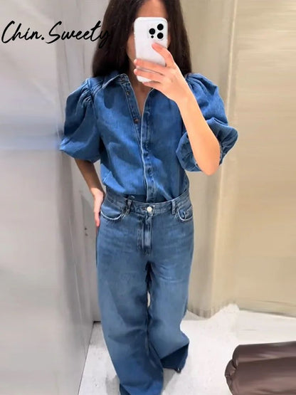Fashion Denim Women Short Shirt Lapel Half Puff Sleeve Pleated  Turn-down Collar Solid Female Top 2025 Autumn Lady Shirts
