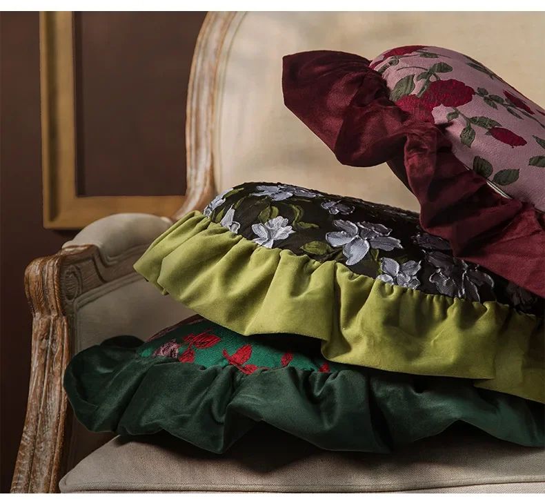 Removable Washable American Light Luxury Sofa Flower Pillow Homestay Round Cushion Retro Ruffle Edge Red Pillow  Throw Pillows