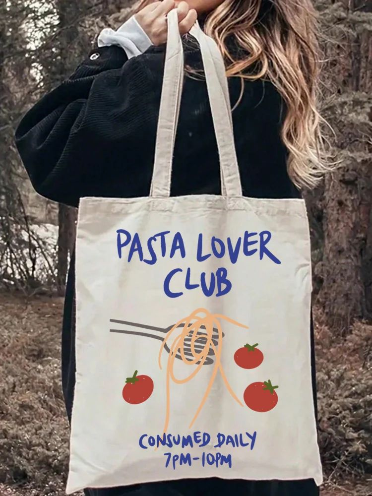 1pcs Pasta Lover Club Artistic Print Canvas Tote Bag Vintage Style Art Bag Luggage Bag Reusable Shoulder Bags