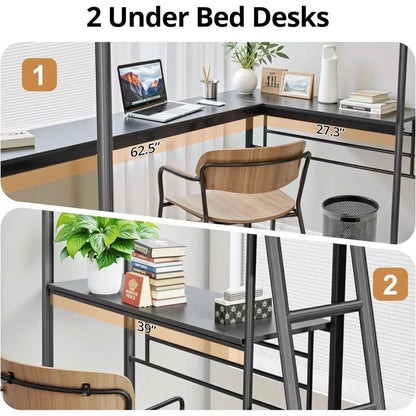 Twin Size L-Shaped Loft Bed with 2 Built-in Desks Metal Heavy-Duty Bunk with Safety Guard Rail And 2 Ladders Corner Bed