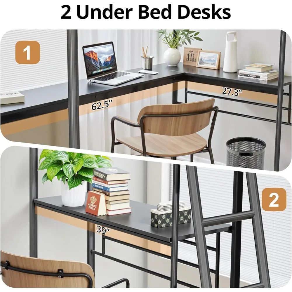 Twin Size L-Shaped Loft Bed with 2 Built-in Desks Metal Heavy-Duty Bunk with Safety Guard Rail And 2 Ladders Corner Bed