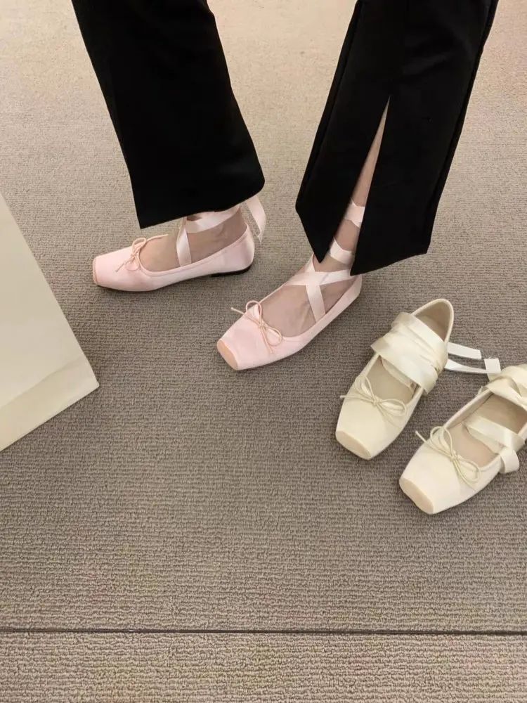 Women Flats Bow Marie Janes Shoes  New Lolita Dress Square Toe Shoes Designer Walking Sandals Female Elegant Zapatos