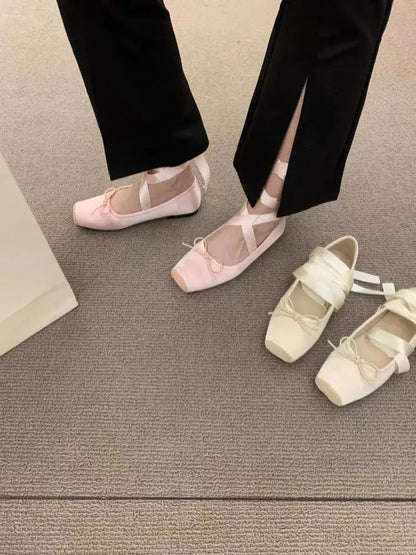 Women Flats Bow Marie Janes Shoes  New Lolita Dress Square Toe Shoes Designer Walking Sandals Female Elegant Zapatos