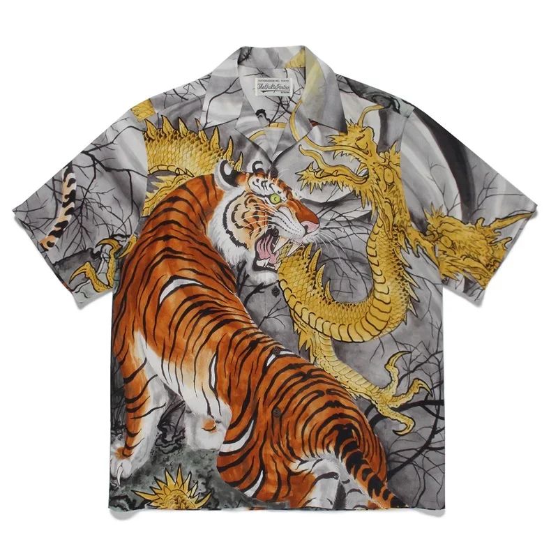 Classics Summer WACKO MARIA Shirts Full Print Leopard Rayon Short-sleeved Real Photos Hawaiian Shirt for Men Women