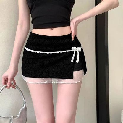 Mini Skirts Women Patchwork Lace Bow Hotsweet Summer A-Line Skirt with Safety Pants Fashion Side Slit Bodycon 2025 Lady Skirts