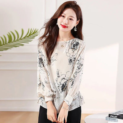 Tcyeek, 100%Real Silk Elegant Shirt, Women Long Sleeve ONeck Printed, Loose Fashion OL Blouses, 2024 Summer Autumn T47116QM