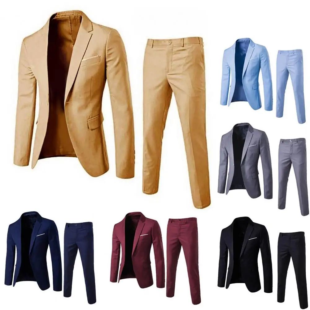 1 Set Trendy Men Suit Anti Deformation Formal Suit Turndown Collar Pure Color One Button Suit Set  Daily Wear