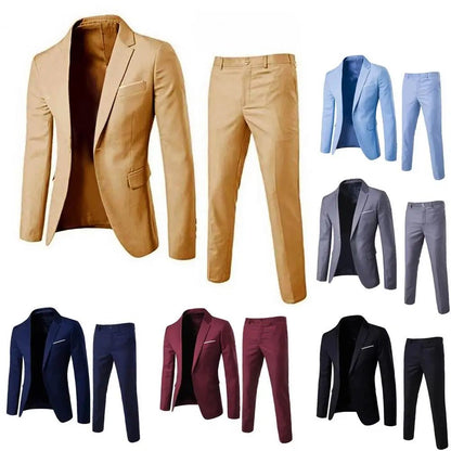 1 Set Trendy Men Suit Anti Deformation Formal Suit Turndown Collar Pure Color One Button Suit Set  Daily Wear