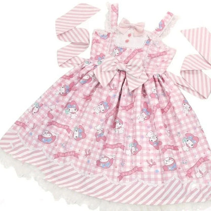 Cartoon My Melody Lolita Dress Kawaii Fashion Bow Lace Dress Printed Princess Dress Halloween Versatile Christmas Gift for Women