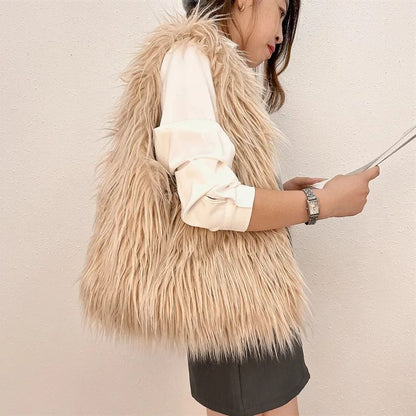 2025 NOVAS Bolsas de Ombro Pelúcia Lã Femininas Y2k Hot Girls Bolsa Saco com Cordão de Pele Sintética Moda Feminina Bolsas de Mão Peludas Tote