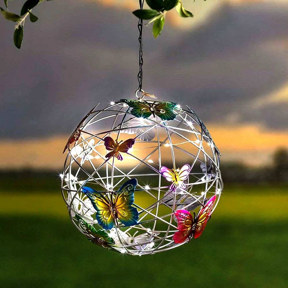 Outdoor Solar Lamp Garden Butterfly Light Home Decorative Nightlight Pendant Waterproof Butterfly Round Ball Light Alloy Ball
