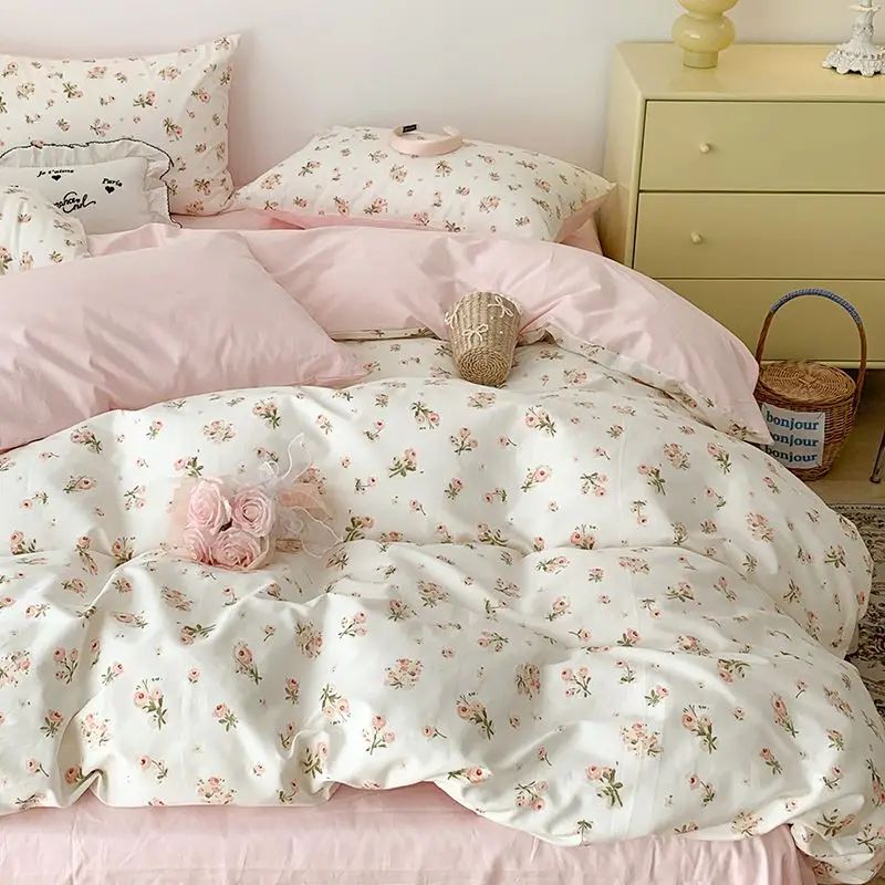 Jogo de Lençóis Florais Rosa Macio Ins Solteiro Casal Queen Capa de Edredom Lençol de Elástico Fronhas Meninas Casa Total Roupa de Cama