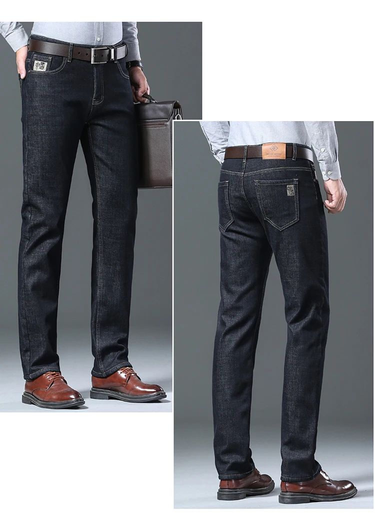 Calça Jeans Masculina de Lã Aveludada, Inverno, Forrada com Lã Grossa, Casual de Negócios, Reta, Jeans, Macia, Confortável, Térmica, Elástica, Calças Masculinas
