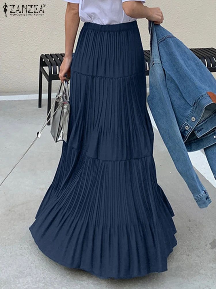 ZANZEA Plus Size 5XL Women Maxi Skirts 2025 Autumn Elastic Waist Pleated Long Skirt Casual Solid Color High Waist Ruffled Skirts
