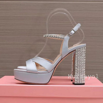 Women Open Toe Rhinestone High Heels Sandals Satin Waterproof Platform Sandalias Summer Party Dress Shoes Pumps Wedding Shoes