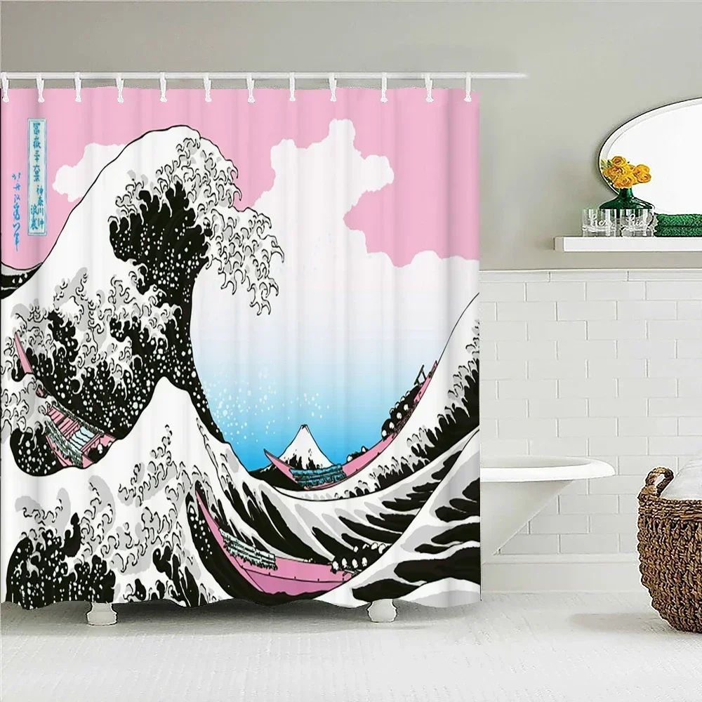 Japanese-style Waves Printing Shower Curtain with Hooks Home Decoration Bathroom Curtains 180x180cm Waterproof Polyester Fabric