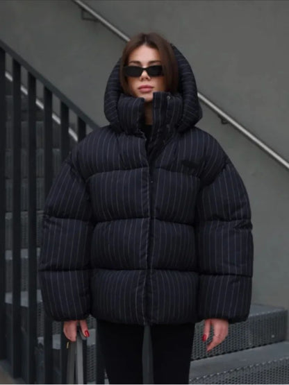 Women's Pinstripe Oversized Puffer Jacket Full Sleeve Detachable Hood Zipper Warm Coat 2025 Autumn Winter Female Casual Wear
