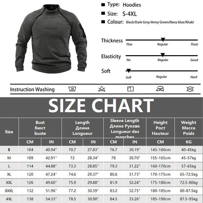 Men's Tactical Hoodies Military Outdoor Pullover Long Sleeve Zippers Pullove Fleece Windproof Thermal for Hiking Camping Army