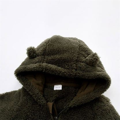 0-12M Baby Plush Warm Jumpsuits Boys Girls Long Sleeve Hooded Zipper Romper Newborn Infant Fall Winter Clothes