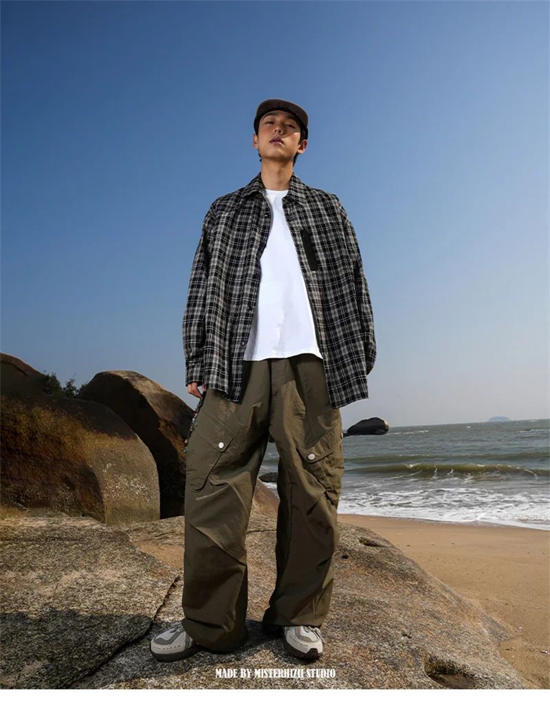 Autumn Y2K Vintage Plaid Shirts For Men Long Sleeve Button Up Blouse Korean Fashion Zip Pocket Cargo Shirt Streetwear Clothes