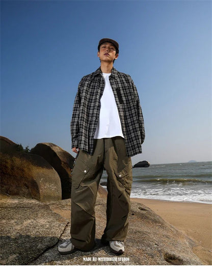 Autumn Y2K Vintage Plaid Shirts For Men Long Sleeve Button Up Blouse Korean Fashion Zip Pocket Cargo Shirt Streetwear Clothes