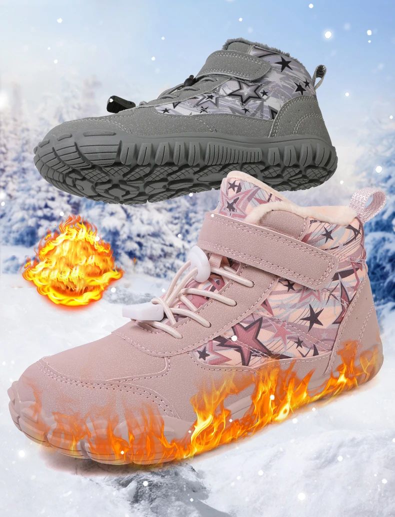 2025 Kids Barefoot Snow Boots Wide Toe Winter Insulated Waterproof Fur Lined Shoes for Boys Girls Cold Weather Outdoor Sneakers