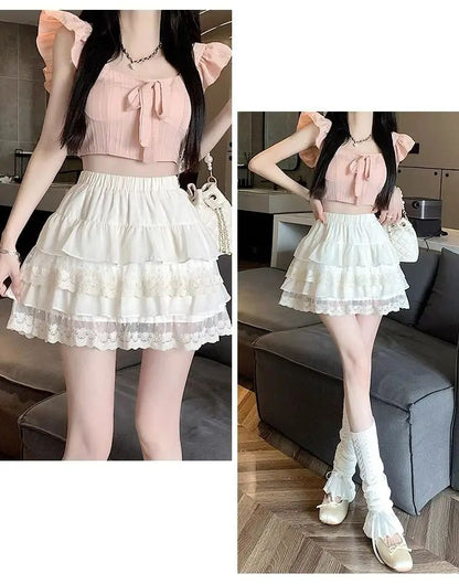 JOEVILU White Tutu Skirt A-line Elastic High Waist Mini Skirts Short Lace Cake Skirt Thin Summer Korean Fashion Goth Y2k Clothes