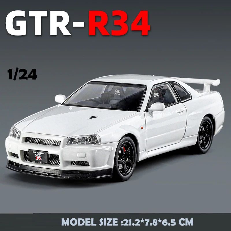 1/24 Nissan Skyline GTR-R34 Velozes e Furiosos Modelo de Carro em Liga Leve com Luz e Som Miniatura Colecionável Veículo de Brinquedo para Meninos