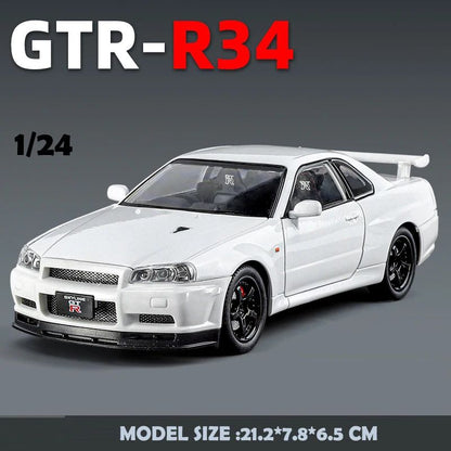 1/24 Nissan Skyline GTR-R34 Velozes e Furiosos Modelo de Carro em Liga Leve com Luz e Som Miniatura Colecionável Veículo de Brinquedo para Meninos