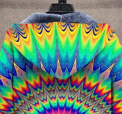 Men's Retro Print Plush Thick Long-Sleeved Coat Cardigan Psychedelic 3D Prined Fleece Hooded Overcoat Unisex Thick Warm Jacket