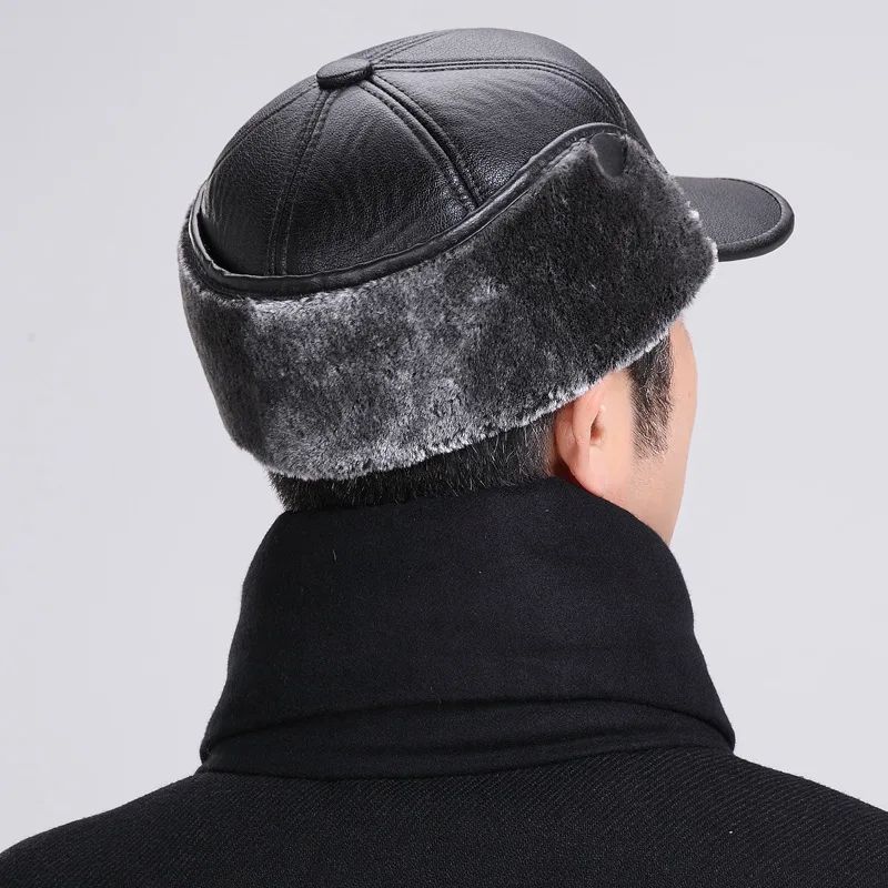 Boné de beisebol quente de inverno para homens, chapéus de pele de couro preto para homens, bonés snapback femininos, casquette, bonés de papai, gorras, protetores de orelha, engrossar