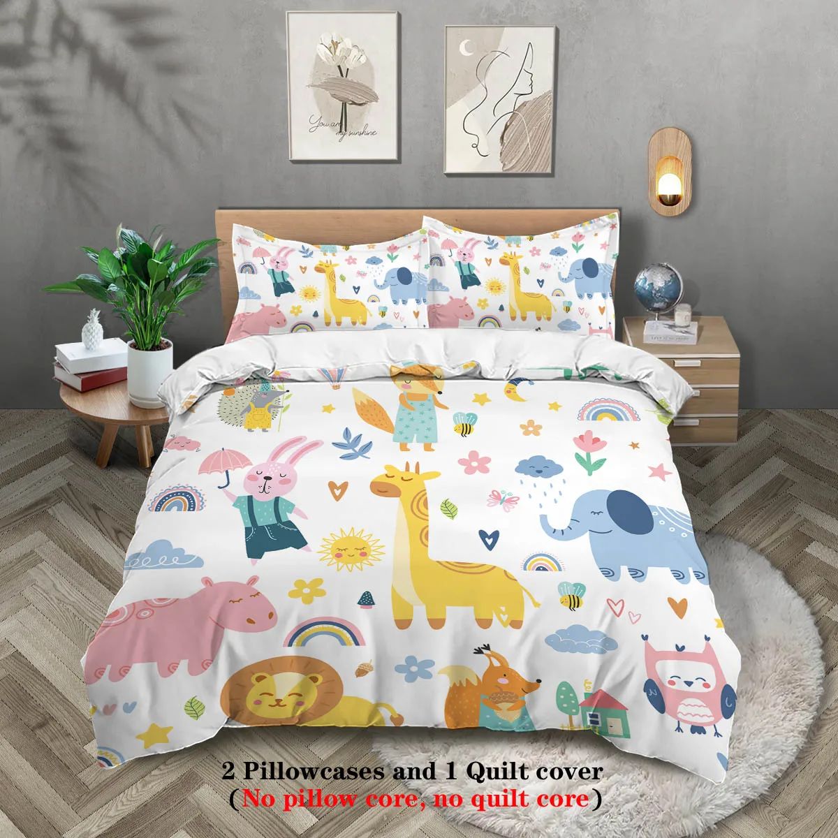 3pcs Cartoon Animal Park Theme Printed BeddingSet,For Bedroom, Guest Room (1*Duvet Cover + 2*Pillowcase, NO Core)