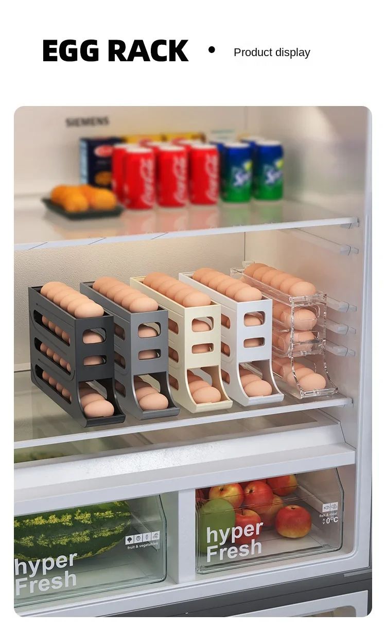 Refrigerator egg storage box, 4 layers, automatic rolling egg rack, kitchen refrigerator egg dispenser, refrigerator storage box