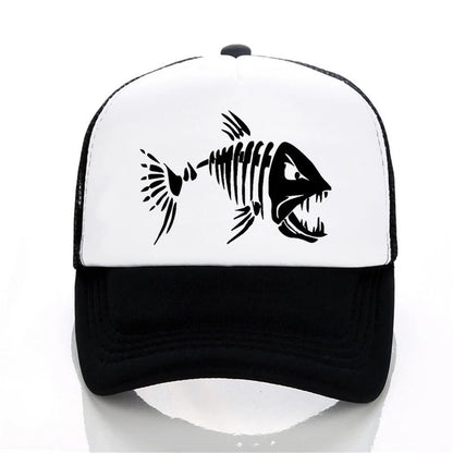 Boné de Beisebol com Ossos de Peixe Crânio Chapéu de Pesca ao Ar Livre Masculino Boné de Malha Respirável de Verão para Entusiastas da Pesca, Bonés Snapback Ajustáveis
