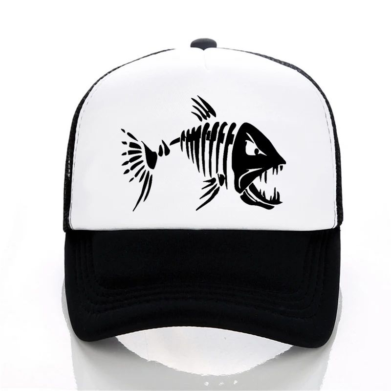 Boné de Beisebol com Ossos de Peixe Crânio Chapéu de Pesca ao Ar Livre Masculino Boné de Malha Respirável de Verão para Entusiastas da Pesca, Bonés Snapback Ajustáveis