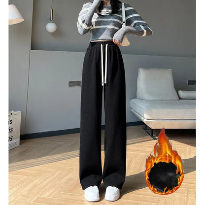 Winter Lady Korean Fashion High Waist Fleece Pants Women Slim Fit Straight Leg Plush Trousers Girls Snow Warm Casual Pants