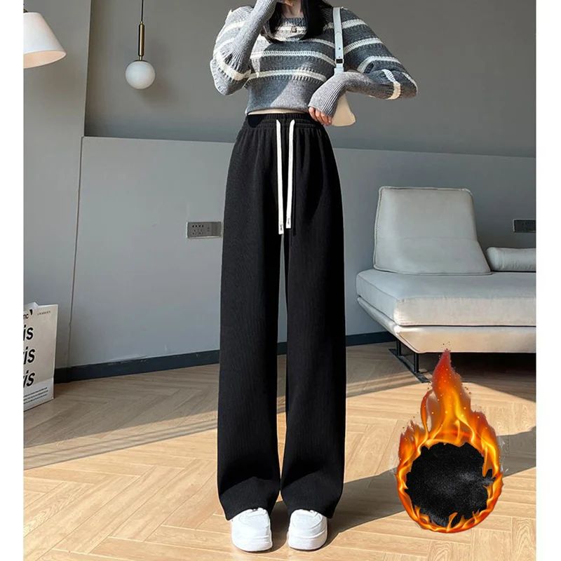 Winter Lady Korean Fashion High Waist Fleece Pants Women Slim Fit Straight Leg Plush Trousers Girls Snow Warm Casual Pants