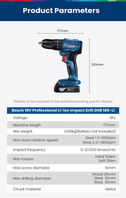 Furadeira de impacto a bateria Bosch GSB 185 Li, 3 em 1, multifuncional, parafusadeira elétrica 50 Nm, furadeira de martelo sem escovas, pro-eletro