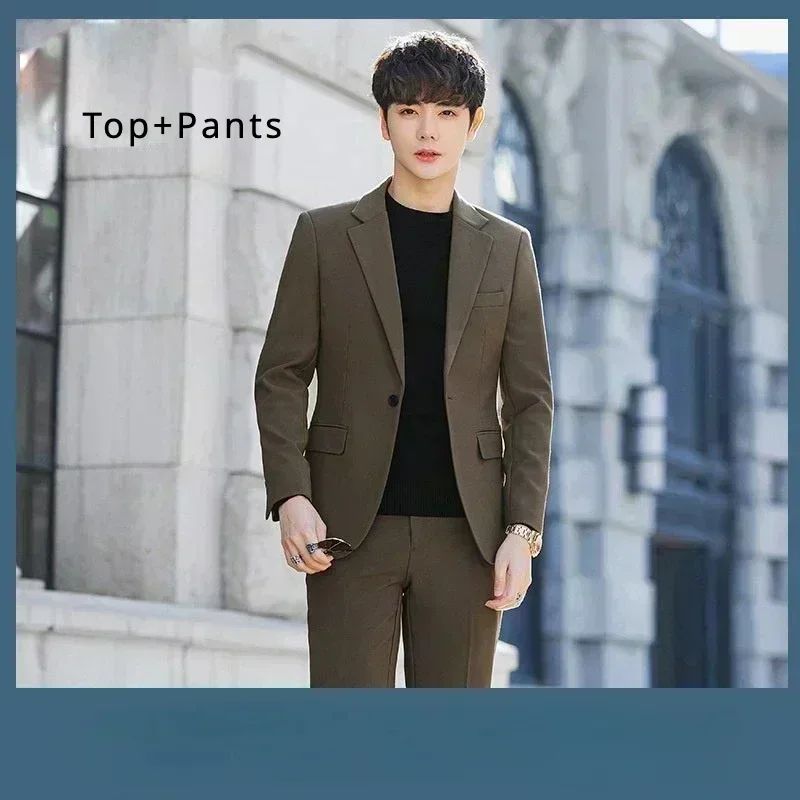 S-6XL Men's Business Casual Suit Korean Style Trendy Slim Fit 2 Piece Set Solid Color ?Blazer+ Pants )Groom Wedding Dress Party