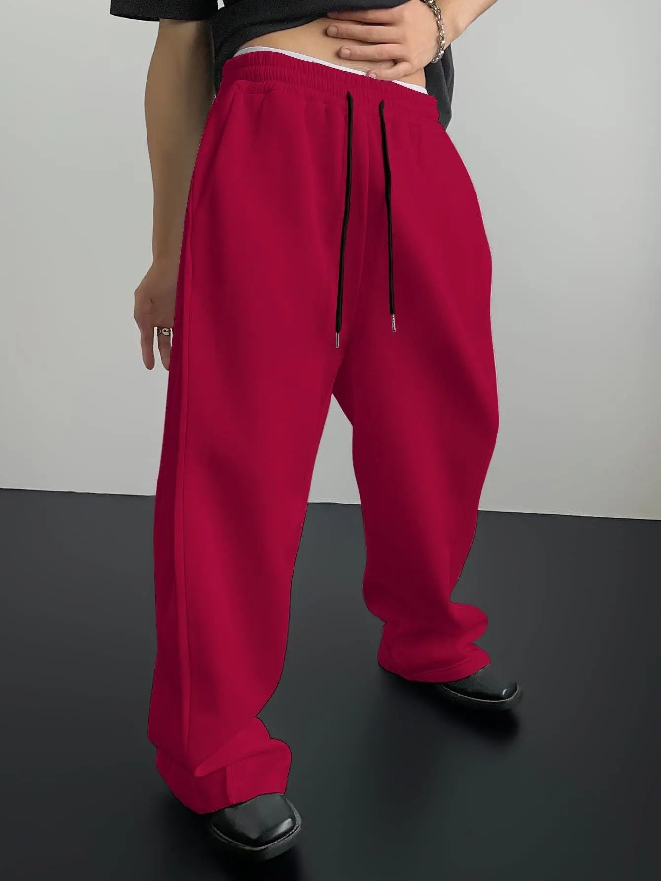 25 European and American men's waist trousers waist drawstring straight wide-leg loose trousers sports trousers pocket men pants