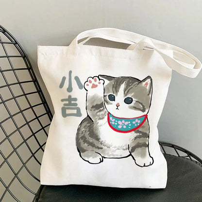 Kawaii Cats Manga Cartoon Reusable Tote Bag Women's High Capacity Versatile Canvas Shoulder Bag, Beach Shopper Handbag