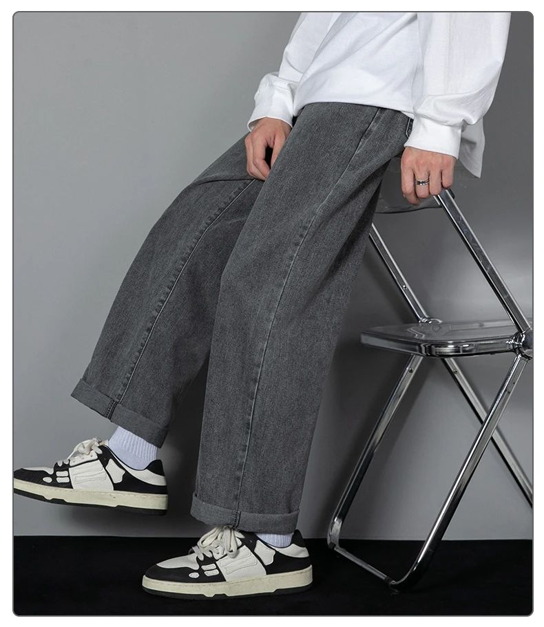 2025 Calças Jeans Casuais Masculinas Coreanas Novas Retas Longas Perna Larga Jeans Cor Sólida Azul Claro Cinza Preto