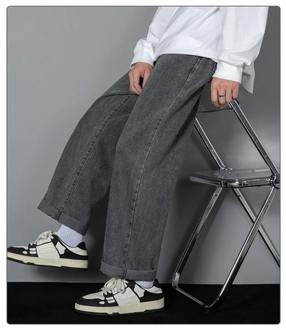 2025 Calças Jeans Casuais Masculinas Coreanas Novas Retas Longas Perna Larga Jeans Cor Sólida Azul Claro Cinza Preto