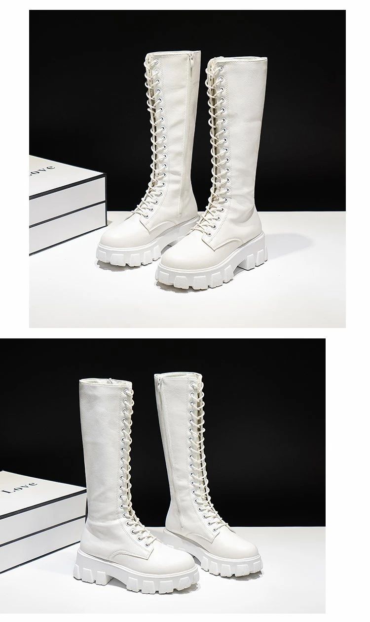 Women's Mid Calf Boots Padded Shoes Knee High Winter Sneakers Punk Style Military Casual White Black 2024 Lucury Platform Woman