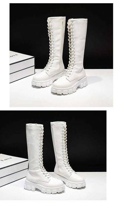 Women's Mid Calf Boots Padded Shoes Knee High Winter Sneakers Punk Style Military Casual White Black 2024 Lucury Platform Woman
