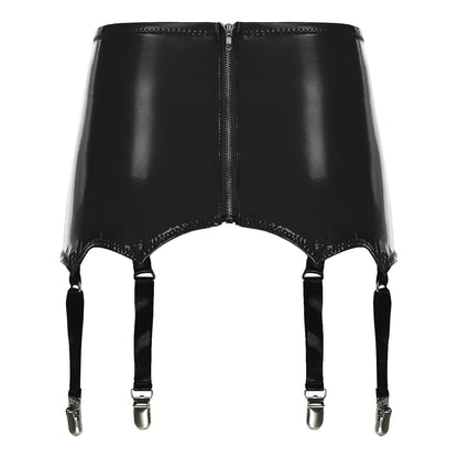 Womens Garters Latex Skirts Ladies Suspender Belt Wet Look Patent Leather Mini Skirts Garters with Metal Clips Clubwear Costume