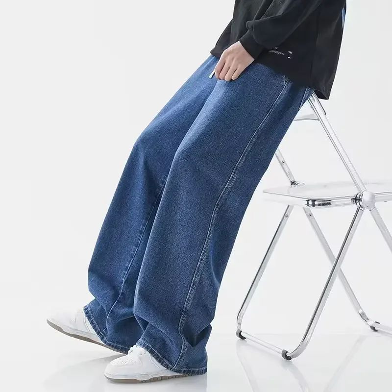 2025 Calça Jeans Masculina Coreana Casual Longa Reta Perna Larga Denim Cor Sólida Azul Claro Cinza Preto