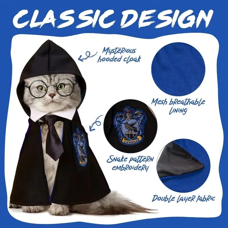 Capa de Halloween Cosplay Roupinha de Cachorro Fofa Manto Mágico Colegial Pequeno Óculos Gravata Acessórios para Pescoço Xale para Pet Roupinha de Outono