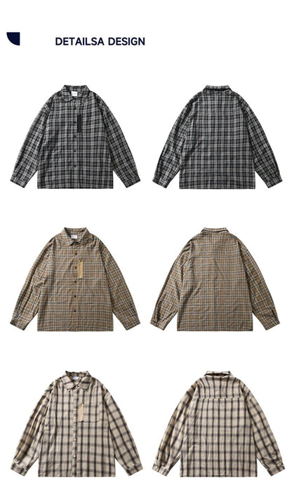 Autumn Y2K Vintage Plaid Shirts For Men Long Sleeve Button Up Blouse Korean Fashion Zip Pocket Cargo Shirt Streetwear Clothes