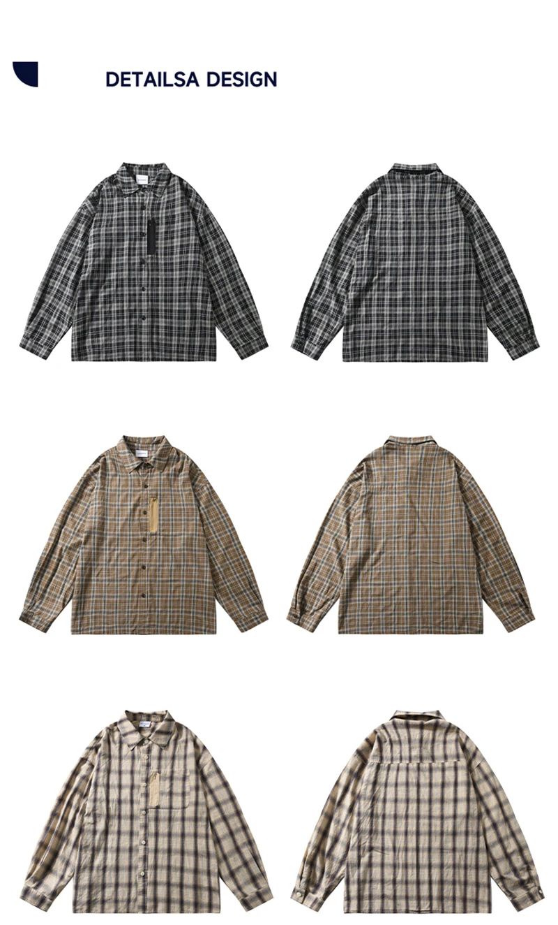 Autumn Y2K Vintage Plaid Shirts For Men Long Sleeve Button Up Blouse Korean Fashion Zip Pocket Cargo Shirt Streetwear Clothes